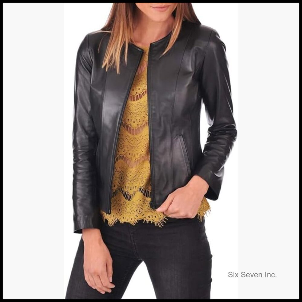 Real Lambskin Leather Jacket Cafe Racer Style Moto Biker